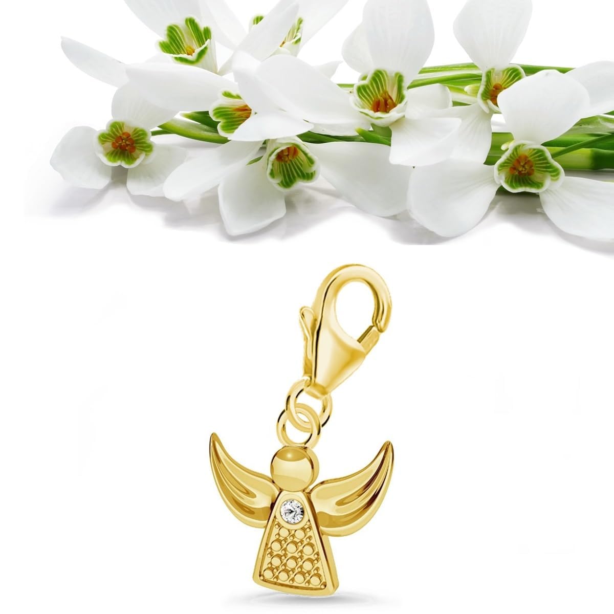 Goldene Hufeisen Mini klein Schutzengel Karabiner Charm Anhänger für Bettelarmband oder Kette 925 Sterling-Silber mit Zirkonia