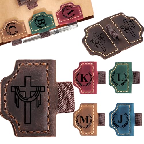 Image of Custom Bookmark with Pen Holder with 26 Letters Personalized Magnetic Leather Book Mark, Customized Name Book Marker Clip with Initial for Men Women, Gifts for Book Lovers, Readers, (Coffee, Cross-2)