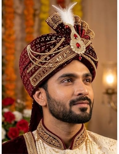 Image of BookMyCostume Dulha & Royal Wedding Turban Collection - Premium Silk, Velvet, Zari Work Safa with Kalgi & Brooch - Traditional Indian Dulha Pagdi /Sehra Perfect for Weddings & Role Plays for Men & Kids