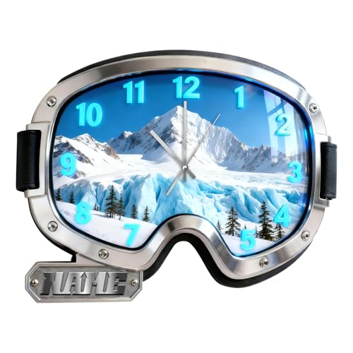 Reloj temático de gafas de esquí personalizadas con nombre personalizado, reloj de decoración de pared, gafas de nieve para el hogar, dormitorio, sala de estar, regalos de cumpleaños de Navidad para