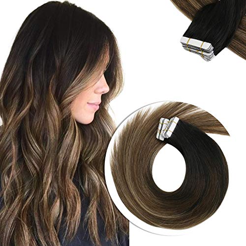 Sunny 14" Remy Straight Tape in Hair Extensions Colorful Balayage #2 Darkest Brown Fading to #6 and #18 Ash Blonde Double Sided Tape Hair Extensions Ombre Brazilian Hair 50g 20pcs
