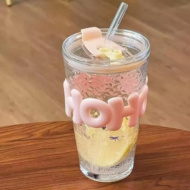 Image of Glass Sipper Tumbler with Straw | 450ml Stylish Cup for Cold & Hot Drinks | Reusable Travel Mug for Office, Gym, Home (Transparent, Pink)