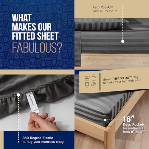 Image of TEXAS LINEN CO. 100% Egyptian Cotton Sheets Queen Size - Luxury 1000 Series Lonestar Lovin' Damask Bed Sheets Queen Size Set (4 PC, Dark Grey Stripe), Cooling, 16 inch Deep Pocket, Sateen Hotel Sheets