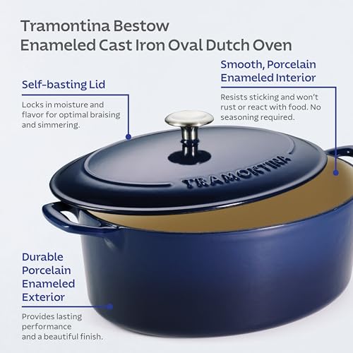 Image of TRAMONTINA Bestow Oval Dutch Oven 6.6L with Lid | Enameled Cast Iron Casserole Pot & Biryani Pot | Even Heat Retention | Low Oil Healthy Cooking | No Seasoning Required | All Cooktops Compatible | Blue
