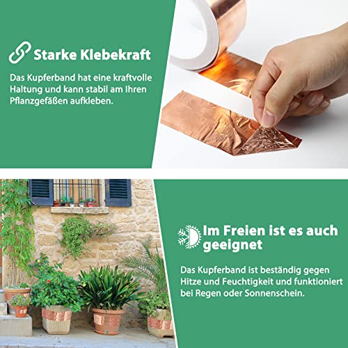 Nepfaivy Schneckenschutz Kupferband gegen Schnecken Selbstklebend- 70mm × 20m Schneckenabwehr Kupferband Hochbeet Gärten Balkone für Pflanzenschutz, Kupferfolieband EMI Abschirmband 4