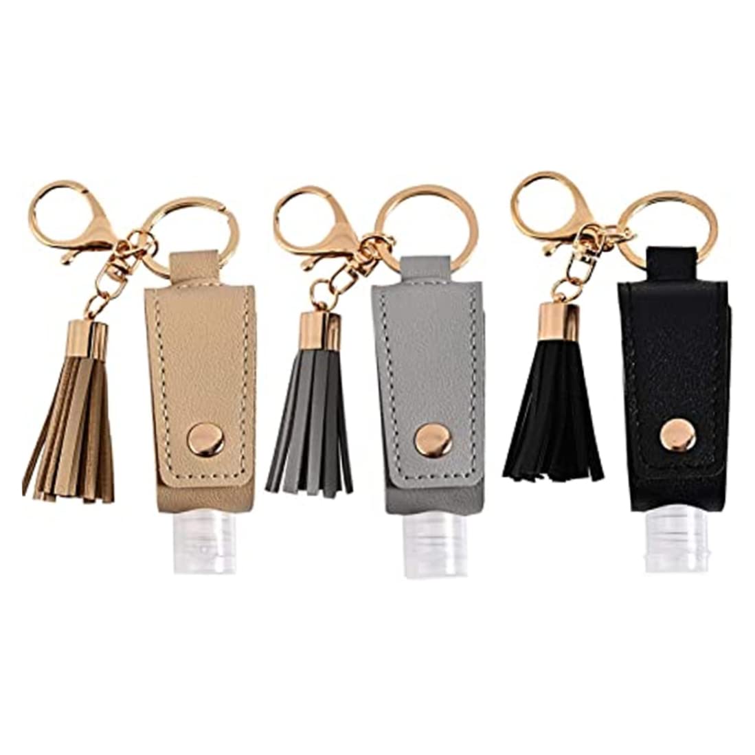 VONGLYHOO Portable Empty Travel Bottle Keychain Hand Sanitizer Bottle Holder 3 Pack 1oz 30ml Small Squeeze Refillable Containers for Toiletry Shampoo Lotion Soap Leather Case Tassel Keychain