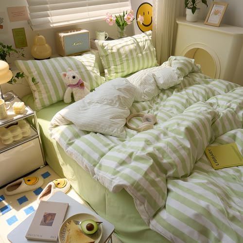 Image of EAVD Retro Green and White Striped Duvet Cover Full Soft Washed Microfiber Boho Vertical Striped Bedding Set with 2 Pillowcases Farmhouse Green Geometric Comforter Cover with Zipper Closure