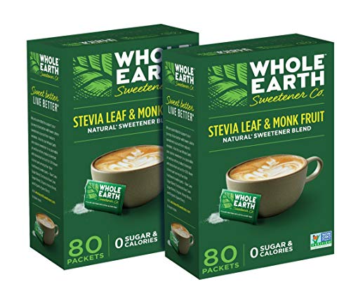 Whole Earth Sweetener Co. Stevia Leaf and Monk Fruit Sweetener, Erythritol Sweetener, Sugar Substitute, Zero Calorie Sweetener, 80 Packets (Pack of 2)