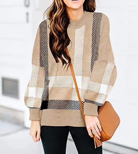 Womens Sweaters Causal Crewneck Batwing Sleeve Knit Top Side Split Oversized Pullover Plaid Sweater Loose Jumper #TOP2