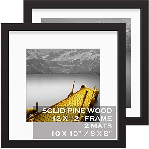 12x12 Picture Frames Black Made of Solid Wood Display Pictures 10x10 or 8x8 with Mat or 12x12 without Mat – Each 12x12 Inch Square Photo Frames with 2 Mats for Wall or Tabletop Mount, Set of 2