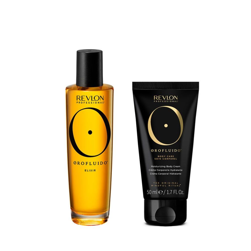 REVLON PROFESSIONAL Orofluido Set de Bienestar para Cabello y Cuerpo, Champú Radiante de Argán 240ml, Elixir Serum 100ml y Crema Corporal Hidratante 50ml, Hidratación Profunda para Pelo y Cuerpo