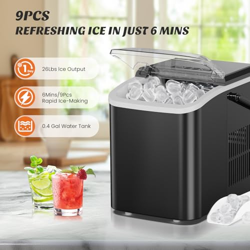 Sweetcrispy Machine à glaçons avec poignée, 26lbs/24H Machine à glace portable, 9 Cubes de glace Bullet Prêt en 6 Mins, Auto-nettoyage, Machine à glace compacte tranquille pour la maison, cuisine, RV, Camping, Noir