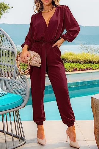 PRETTYGARDEN Women's Fall Jumpsuits Dressy Casual Pants Romper Spring Long Sleeve V Neck Belt Pockets One Piece Outfits