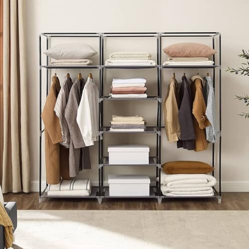 SONGMICS Armadio in Tessuto, Guardaroba Pieghevole con Barra di Sospensione, Appendiabiti, Scaffale per Borse, Giocattoli, Scarpe, Soggiorno, Camera da Letto, 150 x 45 x 175 cm, Grigio RYG12G - Immagine 2