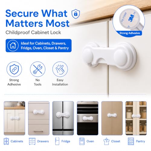 Image of MAPPERZ Cabinet Door Locks for Baby Safety Proofing, Door Locks with Adhesive, for Drawer Cupboards Fridge Oven Closet & Pantry, Childproof Latch for Protecting Kids Toddler and Infant, Pack of 3