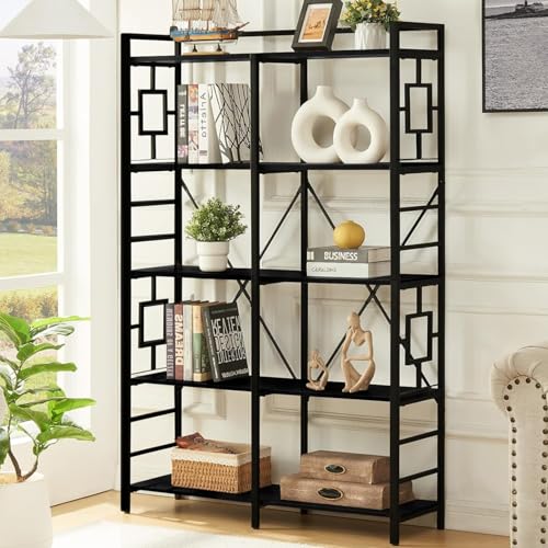 HOMISSUE Bookshelf, Tall Double Wide 5 Tier Book Shelf, Engineered Wood and Metal Bookcase with Display Shelf, Large Open Bookcases with Storage for Living Room, Office, Black