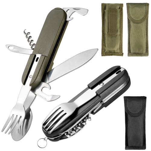 Camping Besteck, 2 Stück Campingbesteck 7 In 1 Multifunktions Edelstahl Outdoor Besteck Reisebesteck Klappbesteck Reisebesteck mit Gürteltasche für...