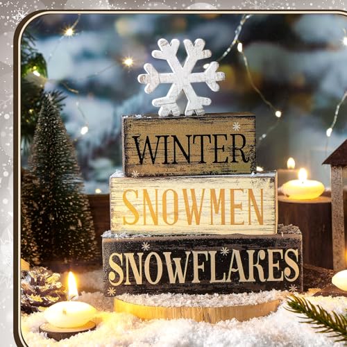 Image of Moucuny 4 Pcs Winter Table Decorations Wooden Snowflake Decor Christmas Tiered Tray Decor Rustic Snow Block Signs Gift Farmhouse Christmas Centerpiece for Winter Wonderland Party Kitchen Shelf Home