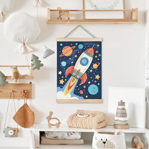 Image of PQKIY Space Rocket Nursery Wall Art Poster Hanger Frame 12x16 in, Retro Universe Space Ship Launching Wall Decor Canvas Prints for Nursery Toddler Boys Kids Room Bedroom Playroom