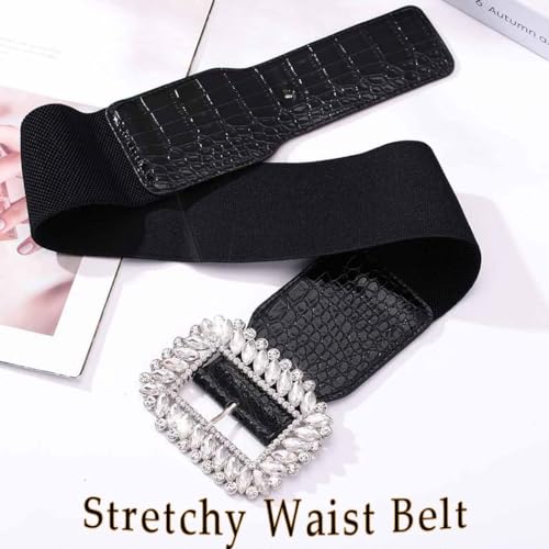 Wide Elastic Waist Belt Rhinestone Buckle Lady Belt for Dresses Sparkle Crystal Stretchy Wide Belt for Women3