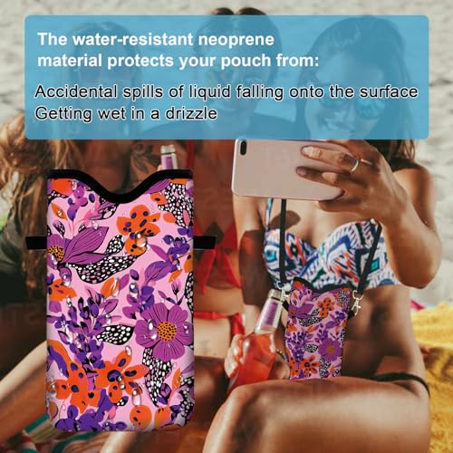 Image of Neoprene Cell Phone Sleeve Pouch Case Bag with Crossbody Strap Neck Lanyard for Women 7.1 X 3.9 in Pink Flower