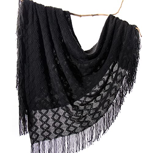 Lifein Black Throw Blanket For Couch-Soft Knitted Farmhouse Boho Throws,Cozy Knit Small Lightweight Blankets&Throws With Tassel For Bed,Chair,Sofa,Room,Home Decor,Woman,Man,Fall(Dark/Black,50 * 60In) #TOP15