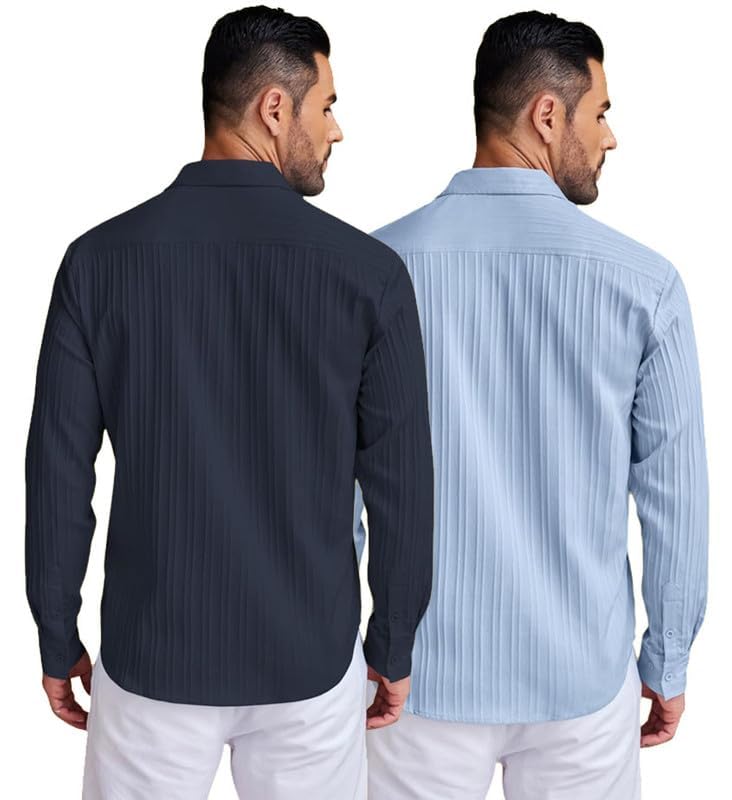 Image of DEELMO Combo of Men's Casual Button Down Shirts Long Sleeve Linen Shirt Fashion Textured Summer Shirts Pack of 2