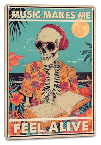 NEGLAI Music Room Wall Decor Gothic Skull Decor - Music Makes Me Feel Alive Funny Tin Sign for Boys Room Man Cave Bar Decorations Hippie Skeleton Metal Signs 8X12 Inch