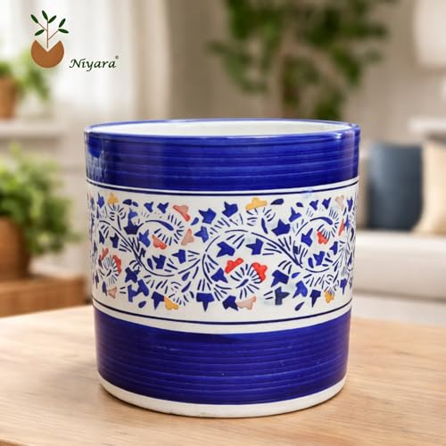 Image of Niyara Designer Ceramic planters pots for Indoor Outdoor Home, Garden Office Decor Balcony Planters Gamla Flower Size- Large, 8 inches (Blue Floral Print)