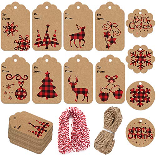LOKIPA 120 Pieces Christmas Kraft Paper Gift Tags Hang Labels with Red and Black Plaid Snowflake Christmas Tree Elk Patterns and 230 Feet Twine Rope for Christmas