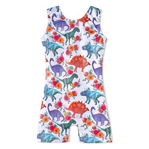 HOZIY Gymnastics Leotards for Girls Unicorn Aurora Rainbow Mermaid Dinosaur Cupcake Sparkle Biketard Toddlers Kids Children 6-7 Years White Dinosaur