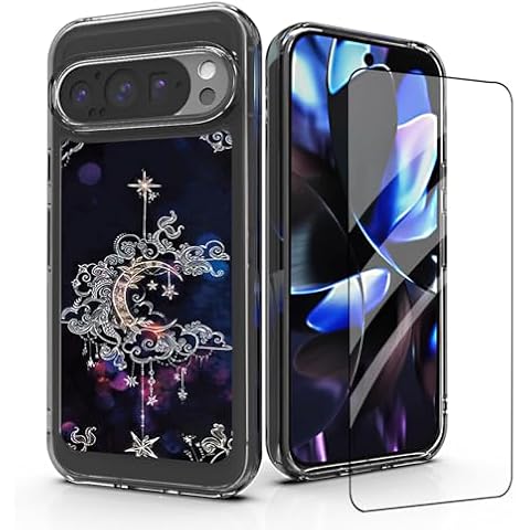 DDTKZC for Google Pixel 9 Pro XL Phone Case Tempered Glass Protector Lustre Pattern Shockproof Phone Case (Black, for Google Pixel 9 Pro XL) Cover