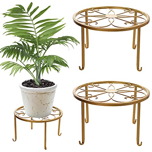 ANGTUO 2 Pack Metal Potted Plant Stand 11.8 Inches Rustproof Flower Pot Iron Potted Stand Round Plant Stands Strong Legs Supports Display Rack for Home Patio Garden - Gold
