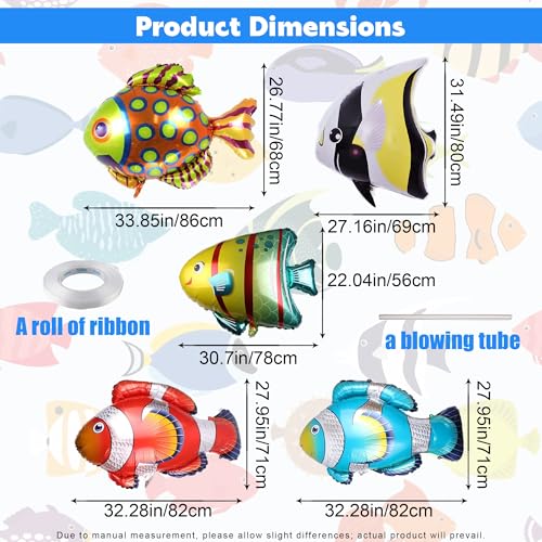 Image of 5 Pcs Fish Balloons, Large Tropical Clownfish Foil Balloon | Inflatable Under the Sea Animal Creature Balloons for Baby Shower Kids Birthday Ocean Themed Party Decorations