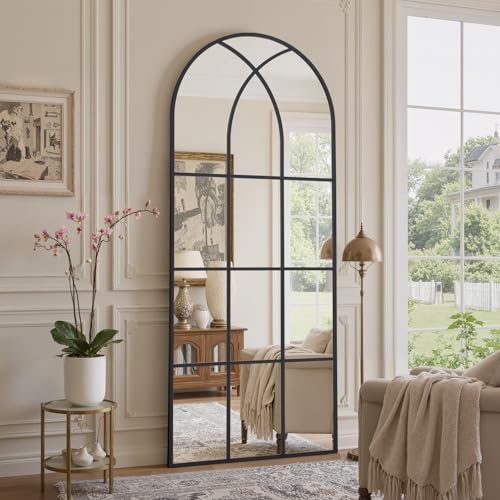 Image of Arched Window pane Full Length Mirror 30 inchx71 inch, Full Body Standing Mirror, Window Shaped Farmhouse Style with Aluminum Frame, Decor Wall Mirrors for Living Room, Courtyard, Bedroom, Entryway, Black