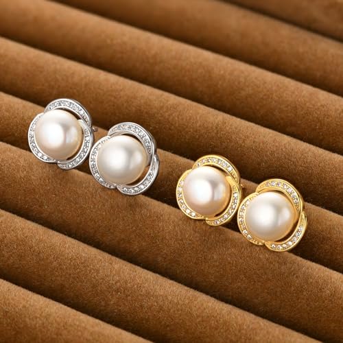 Pearl Stud Earrings for Women Freshwater Cultured White Pearl with Cubic Zirconia Anniversary Birthday Mother Day Jewelry Gifts for Her4