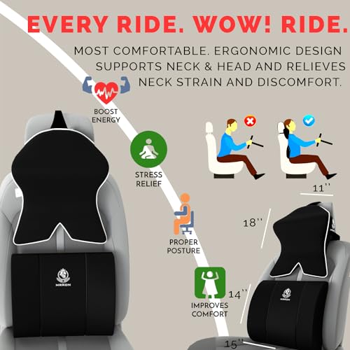 Image of MRRON Large Back Support Neck Rest for Chair & Car Seat, Orthopaedic Lumbar Support Memory Foam Backrest Cushion Designed for Back Pain Relief Pillow for Comfortable Sitting (Black, Lumbar)