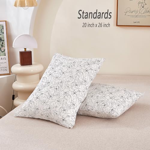 Image of ECOCOTT 2 Pack Pillowcase Standard Size with White & Black Floral Pillow Cases Set, 100% Cotton Standard Pillow Covers Envelope Closure (Standard, 20 inchx26 inch)