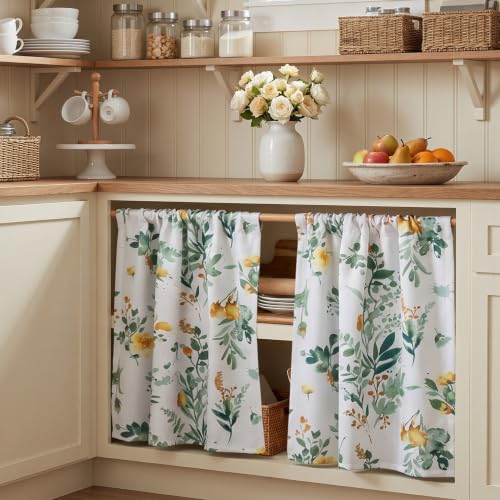 Image of MYSKY HOME Floral Kitchen Tier Cafe Curtains 36 Inch Length 2 Panels Privacy Small Window Treatments Rod Pocket for Bathroom Basement, Yellow and Green, 30 inch Wide Each Panel