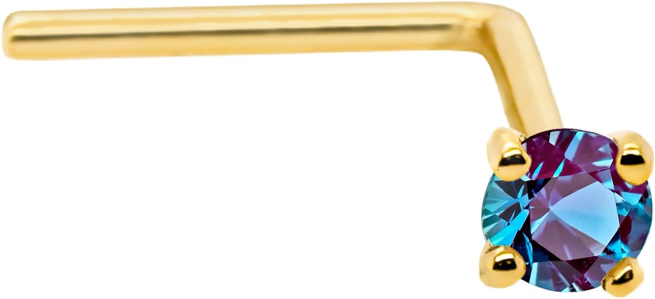 Solid 14K Gold L-Shape Stud Lab-Alexandrite 22G L-bend Nose Stud - 14K White Gold / 14K Yellow Gold June Birthstone Nose Ring Stud