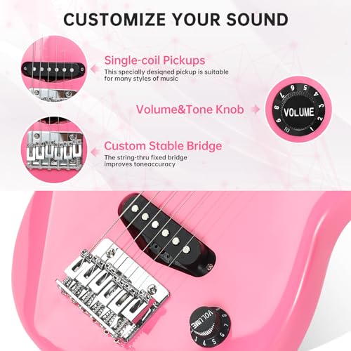 Image of 30 Inch Kids Electric Guitar Beginner Kits ST Style Mini Electric Guitar for Boys Girls,Electric guitar Starter Kit w / 5W Amplifier, Strap, Gig Bag, Strings, tuner,strings,Picks(Pink)