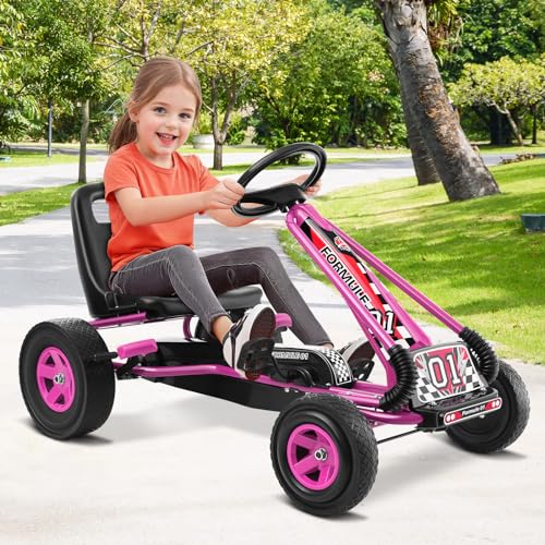 RELAX4LIFE Go Kart a Pedales para Niños con Asiento Ajustable, Freno de Mano y Ruedas Antideslizantes, Carga de 30 kg, 92 x 50 x 53 cm, para Niños de 3 a 6 años (Rosa, Large)