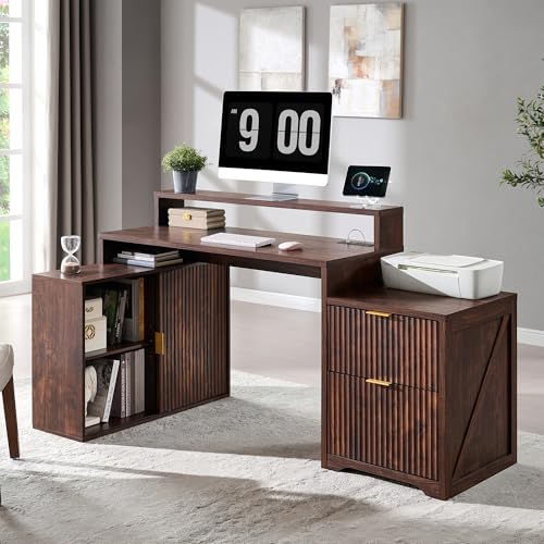Image of 67 inch Modern Desk with Storage Cabinet & 2 Drawers, Built‑in Outlet | L Shaped Desk with Storage, Wood Home Office Desk, storage cabinet with sliding doors, Dark Walnut