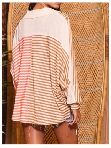 WDIRARA Women's Striped Long Dolman Sleeve T Shirts Button Front Collared Tee Oversized Top2