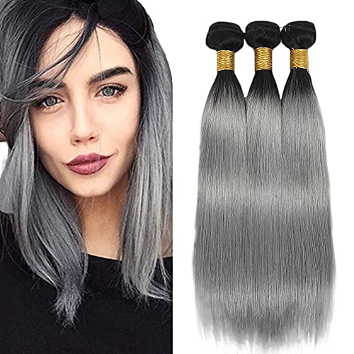 Freiuoke 1B Grey Ombre Bundle Human Hair Weave Grey Hair Bundle Human Black And Grey Hair 9A Grade Dark Roots Raw Human Hair Double Weft Two Tone Color Brazilian Straight Bundles 14 16 18 Inch