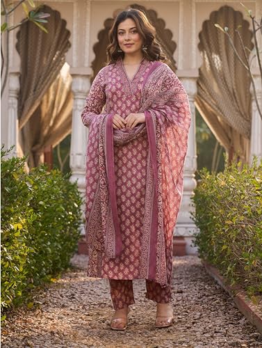 Image of Arayna Women's Cotton Printed Kurta Set with Pants & Dupatta | Elegant Ethnic Wear for Women | Floral Print | Comfortable Suit Set