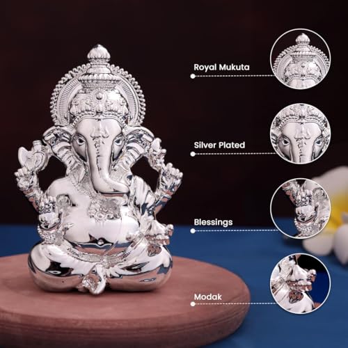 Image of Artarium 3.5 Inch Silver Plated Small Ganesha Idol Murti, Ganpati Bappa Lord Ganesh Statue for Car Dashboard, Home Decor, Puja Room, Spiritual Gift & Decorative