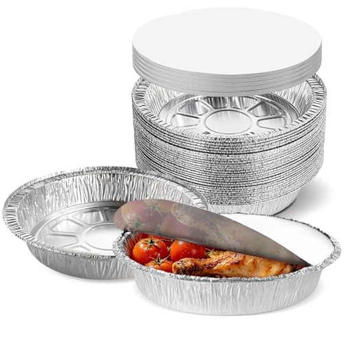50 Pack 9 Inch Round Aluminum Pans with Lids Disposable Aluminum Pie Pans with Lids 9 Tin Foil Pans Takeout Containers with Cardboard Covers for Cooking Baking Storage Roasting Reheating