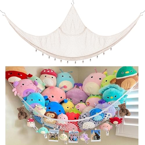 Kangaroo Stuffed Animal Storage Hammock, Corner Hanging Toy Organizer, Stuffed Animal Storage | Easy to Hang Plushie Net - Included Anchors & Hooks | for Toy Room, Nursery Bedroom & Home Decor (White)