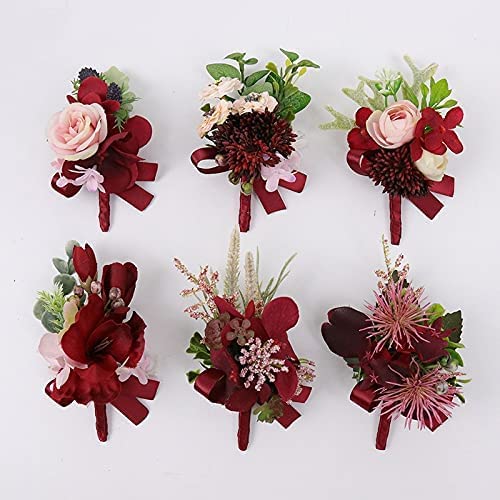 Handgelenkskorsagen für Hochzeiten， Rote Blume Boutonnieres for Trauzeugen Brautjungfer Handgelenk Corsagen Blume Hochzeit Bräutigam Boutonniere(Style F)